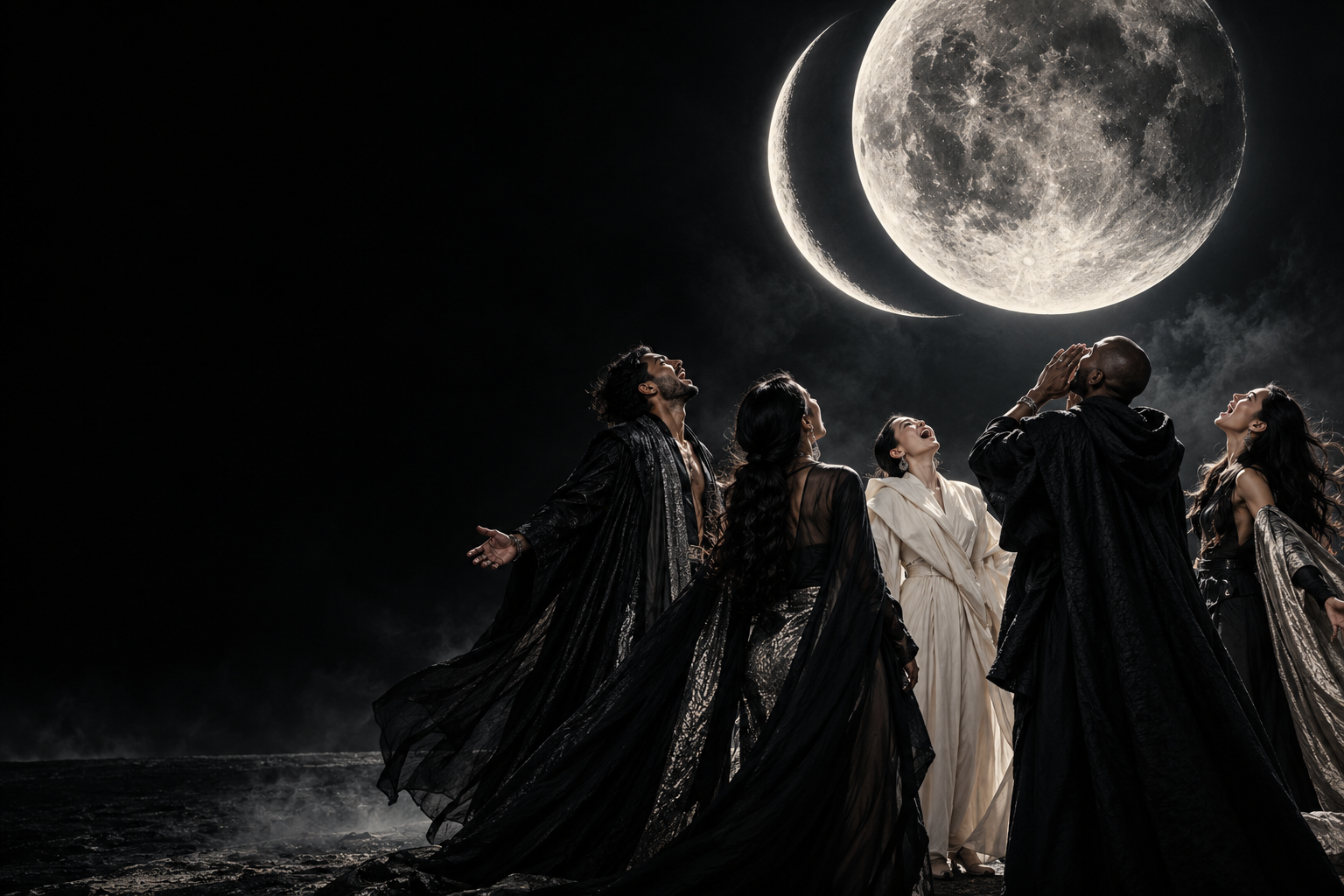Five people in black, silver, and ivory ceremonial fashion howling beneath an enormous surreal moon